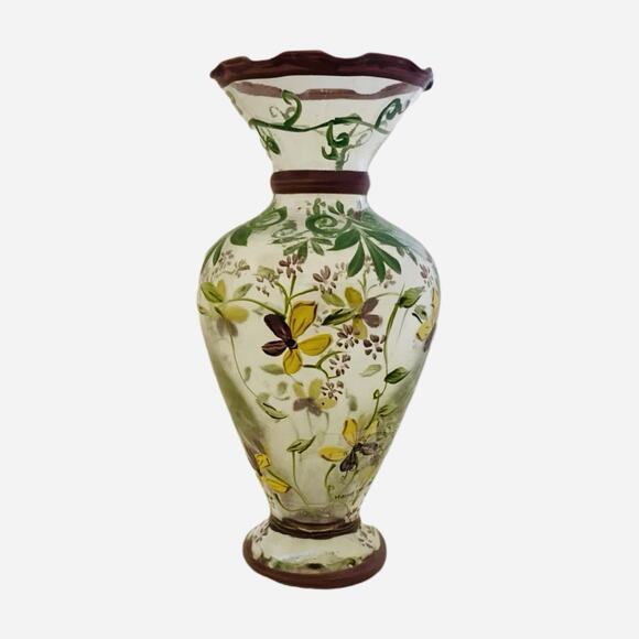 Tracy Porter Hand-Painted Bud Vase Purple Yellow Flowers Ruffled Edge 6.5” Glass - Picture 3 of 8